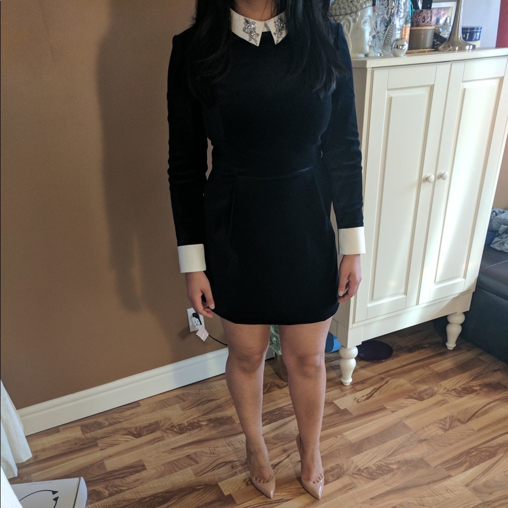 Ted Baker Black Long-Sleeve Mini Dress with White Collar & Cuffs